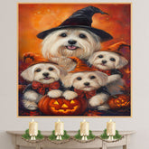 Coton de Tulear Dog Halloween Canvas Wall Art with Pumpkins Rustic Fall Accent for Cozy Autumn Homes on Ready to Hang 1.5" Thick Canvas Wrap, Floating Framed Canvas, Flat Rolled Canvas